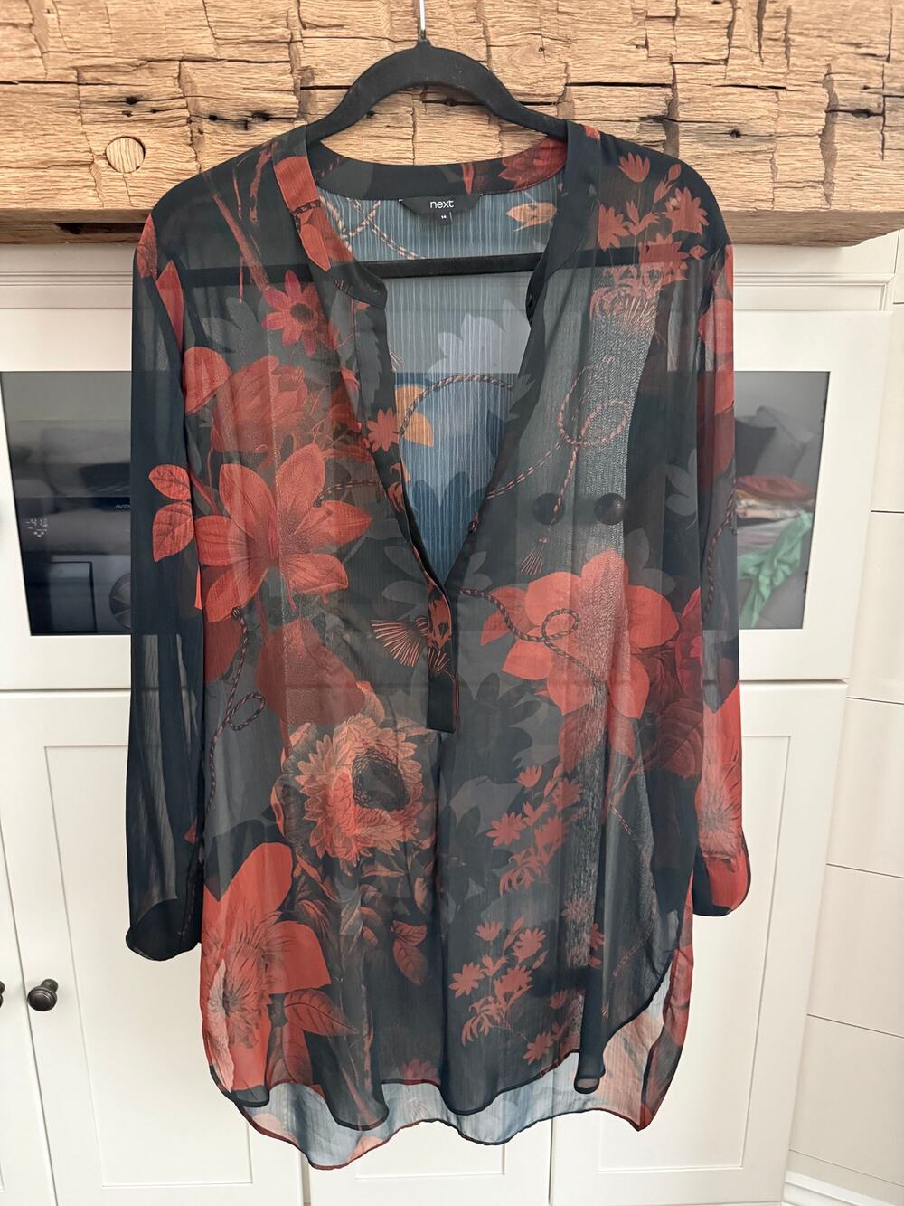 Next Sheer Black Floral Blouse Sz 14 Boho Cottagecore Button Down Top
